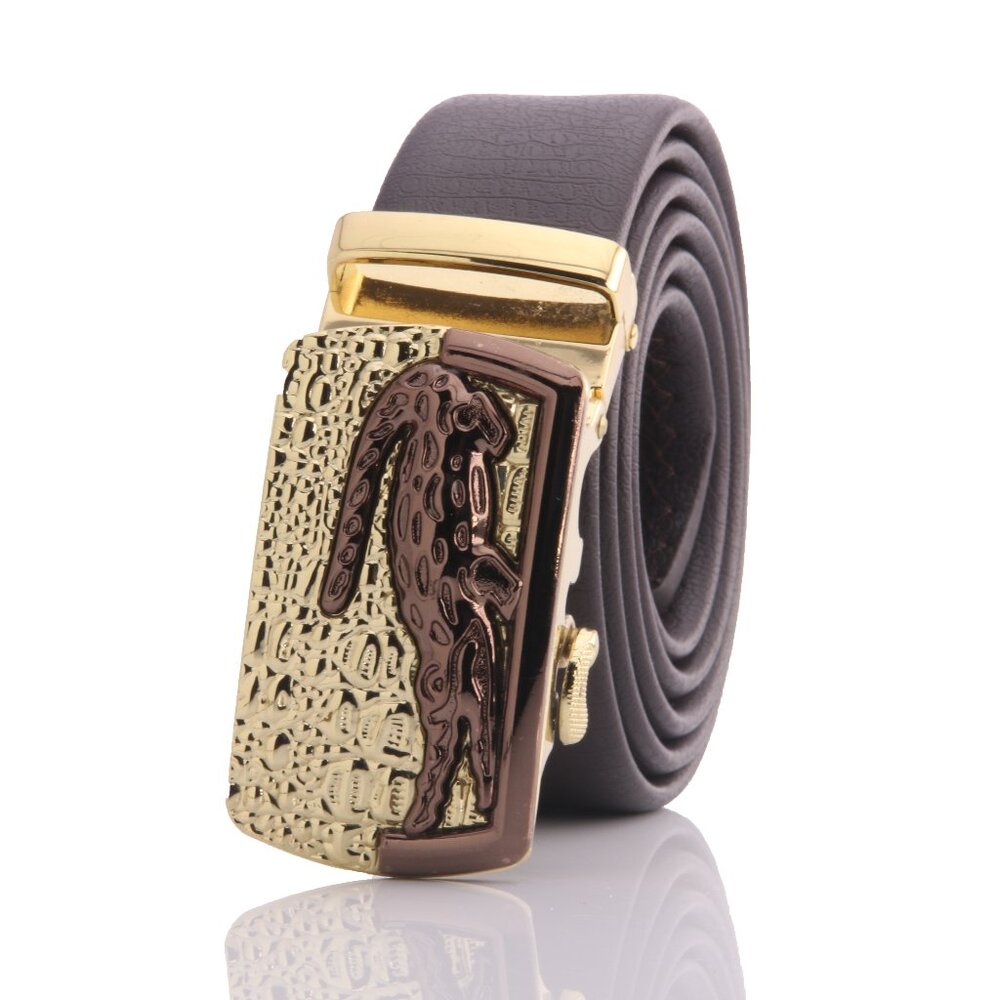 Men's Smart Ratchet No Holes Automatic Buckle Belt in Gold & Brown Color